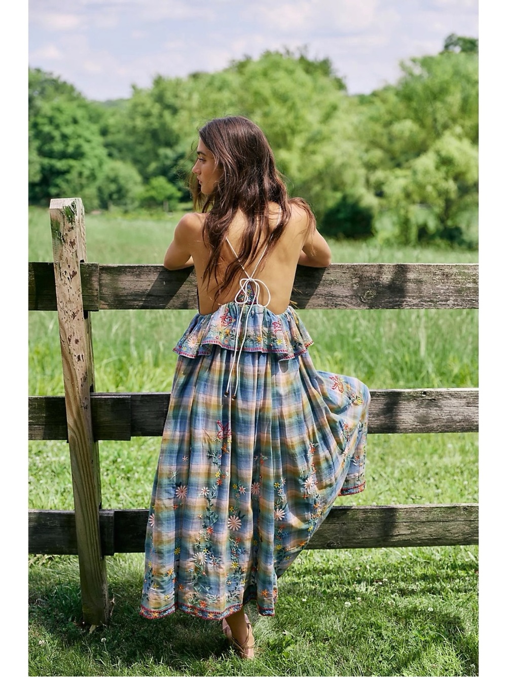 Free People Bohemian 70s Embroidered Plaid Songs Of Summer Maxi Dress Large NWT - Picture 8 of 16